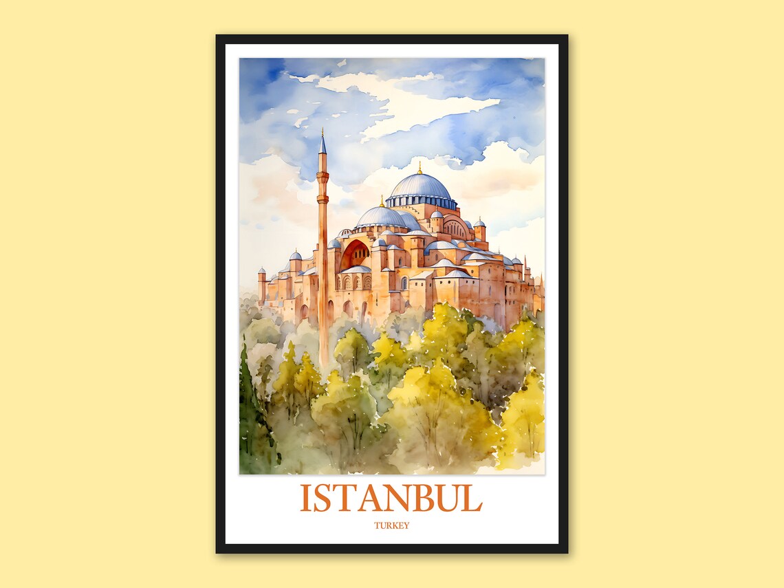 Istanbul Turkey Hagia Sophia Warm Golden Watercolor Travel Poster