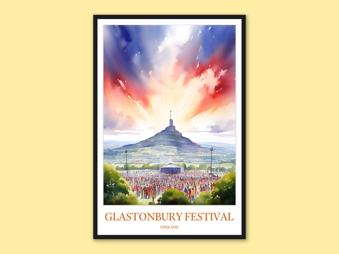Glastonbury Festival England Watercolor Poster Crowd and Tor at Sunset