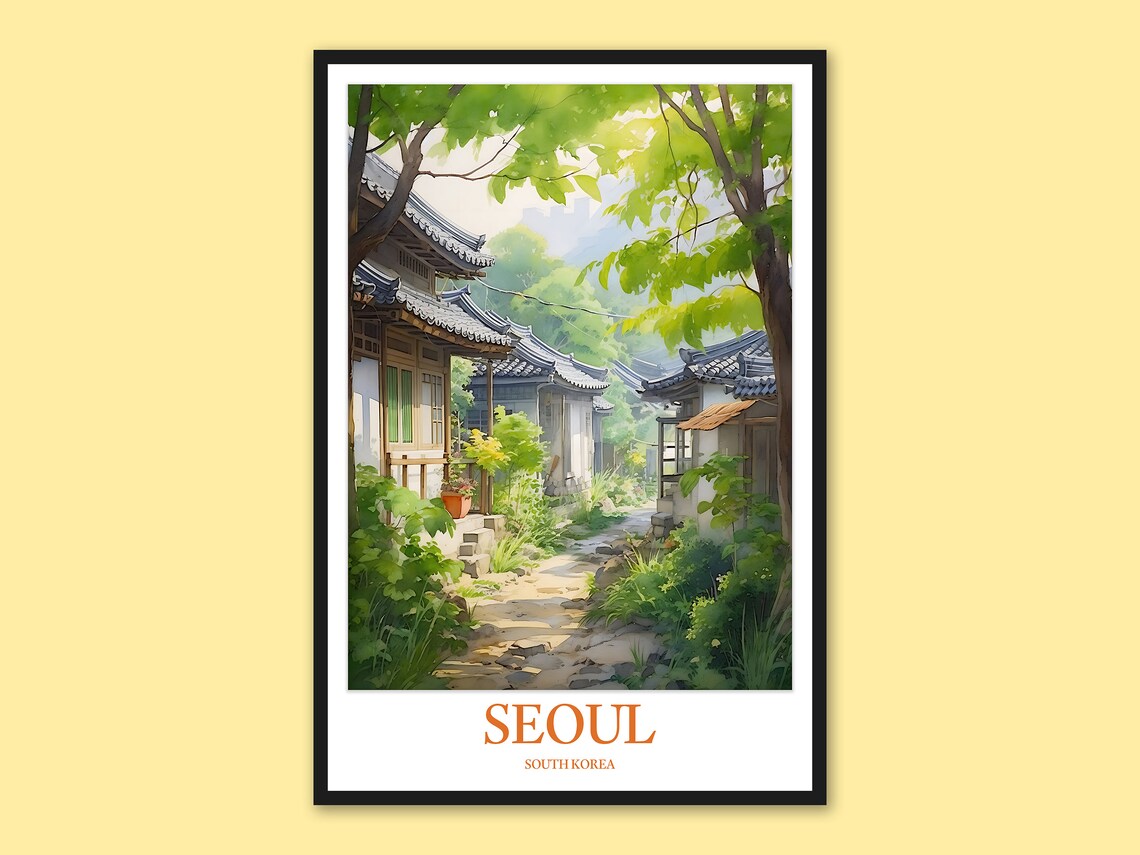 Seoul Hanok Village Alleyway Summer Watercolor Travel Poster