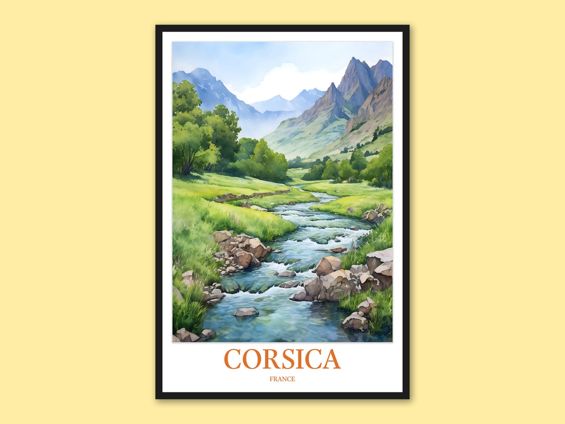 Corsica Mountain River Valley Watercolor Landscape Travel Poster