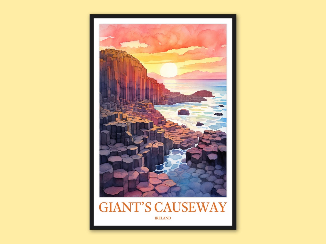 Giant's Causeway Ireland Sunset Basalt Columns Watercolor Poster