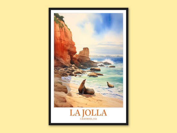 La Jolla California Sea Lions on Sandy Beach by Red Cliffs Watercolor Poster