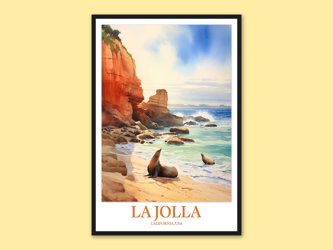 La Jolla California Sea Lions on Sandy Beach by Red Cliffs Watercolor Poster