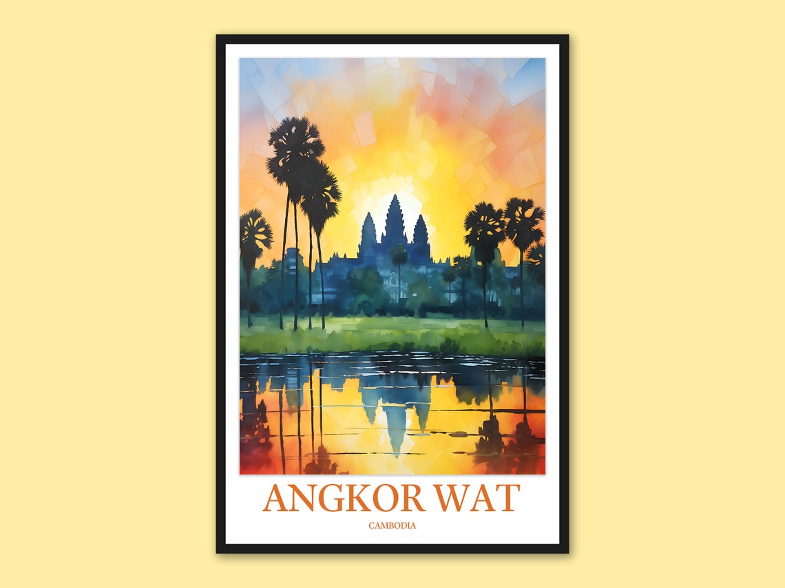 Angkor Wat Cambodia Sunrise Reflection Watercolor Travel Poster
