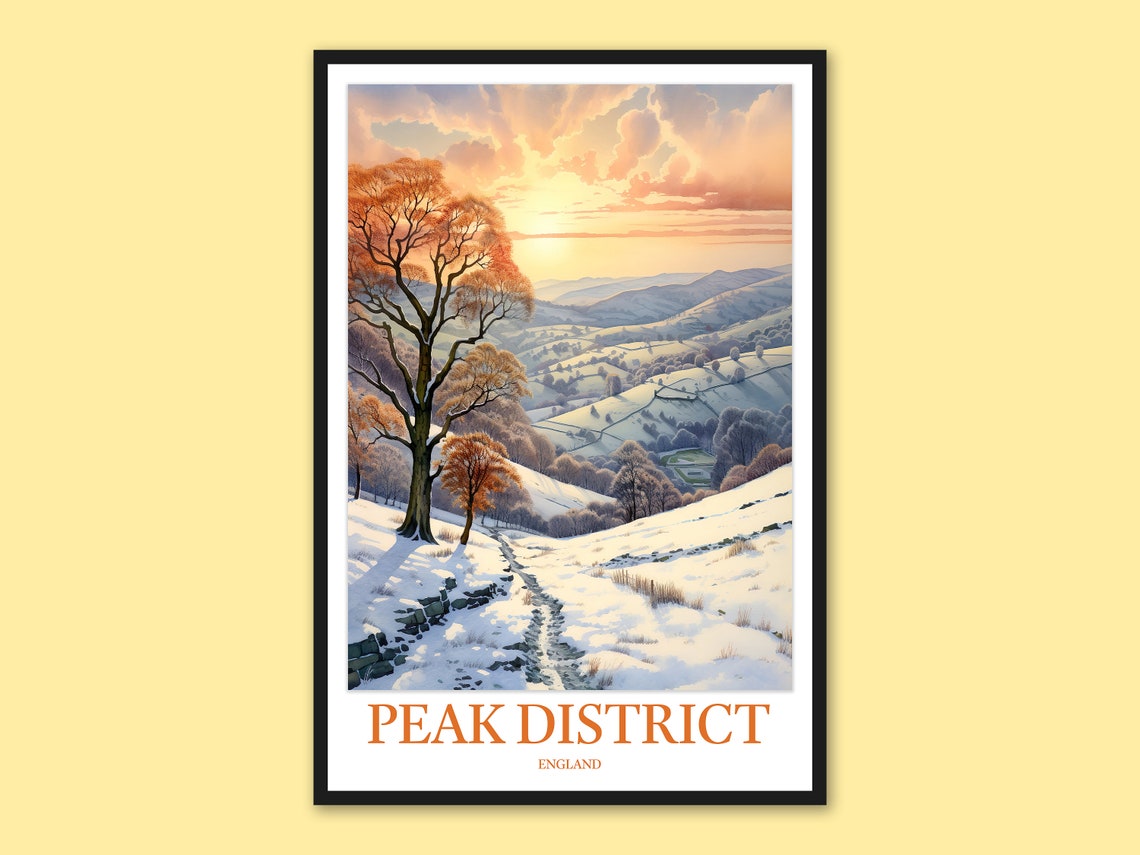 Peak District Winter Snow Landscape Poster, England Travel Gift Art