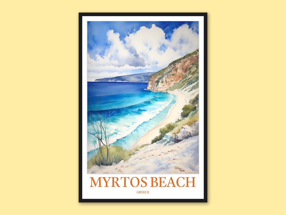 Myrtos Beach Greece Turquoise Bay Cliffs Watercolor Travel Poster