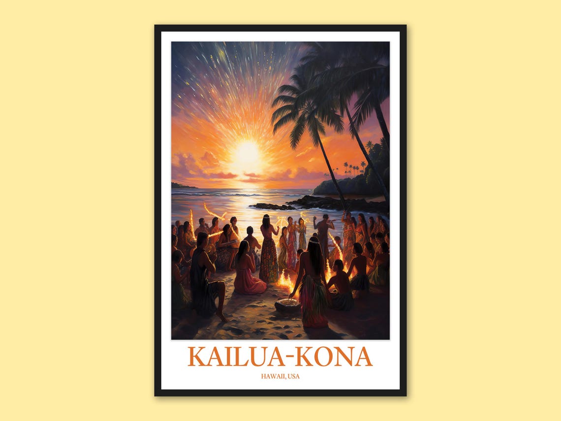 Kailua Kona Hawaii Sunset Luau with Fire Dancers on the Beach Poster