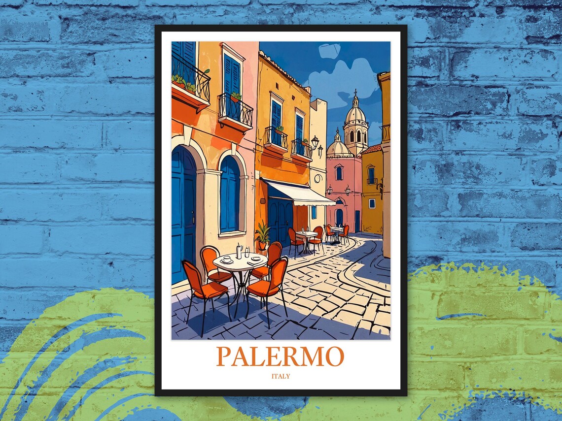 Palermo Italy Outdoor Cafe Blue Awnings Dome Retro Travel Poster