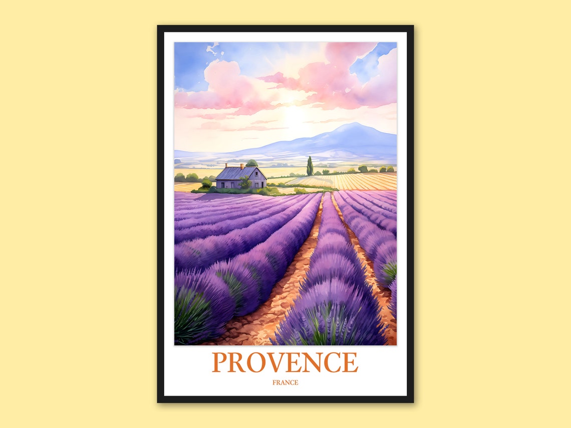 Provence France Lavender Rows Farmhouse Mountain Travel Poster