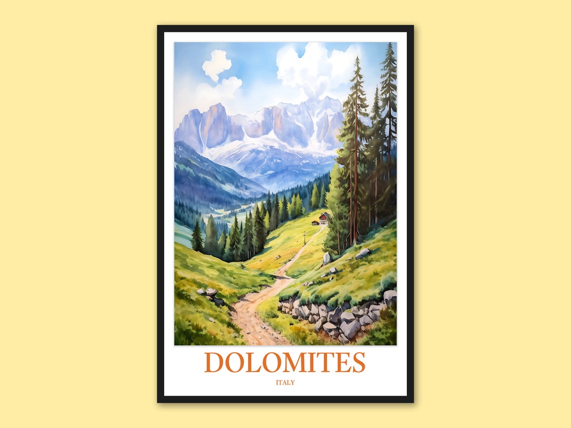 Dolomites Mountain Trail Watercolor Path Through Alpine Peaks Poster