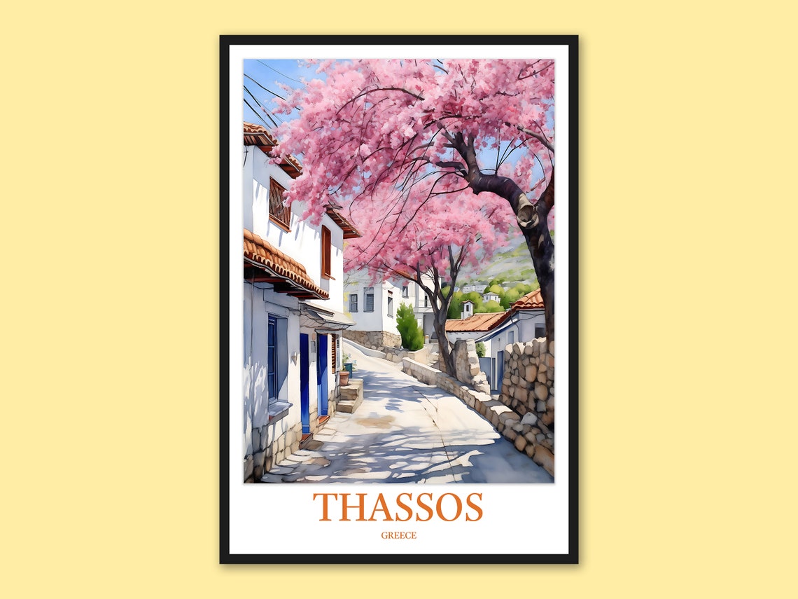 Thassos Greece Cherry Blossom Village Lane Watercolor Travel Poster