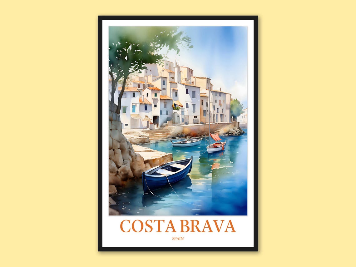 Costa Brava Spain Blue Boat in a Rocky Cove Village Travel Poster