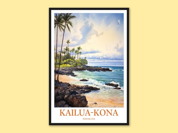 Kailua Kona Palm Lined Beach with Lava Rocks at Midday Poster