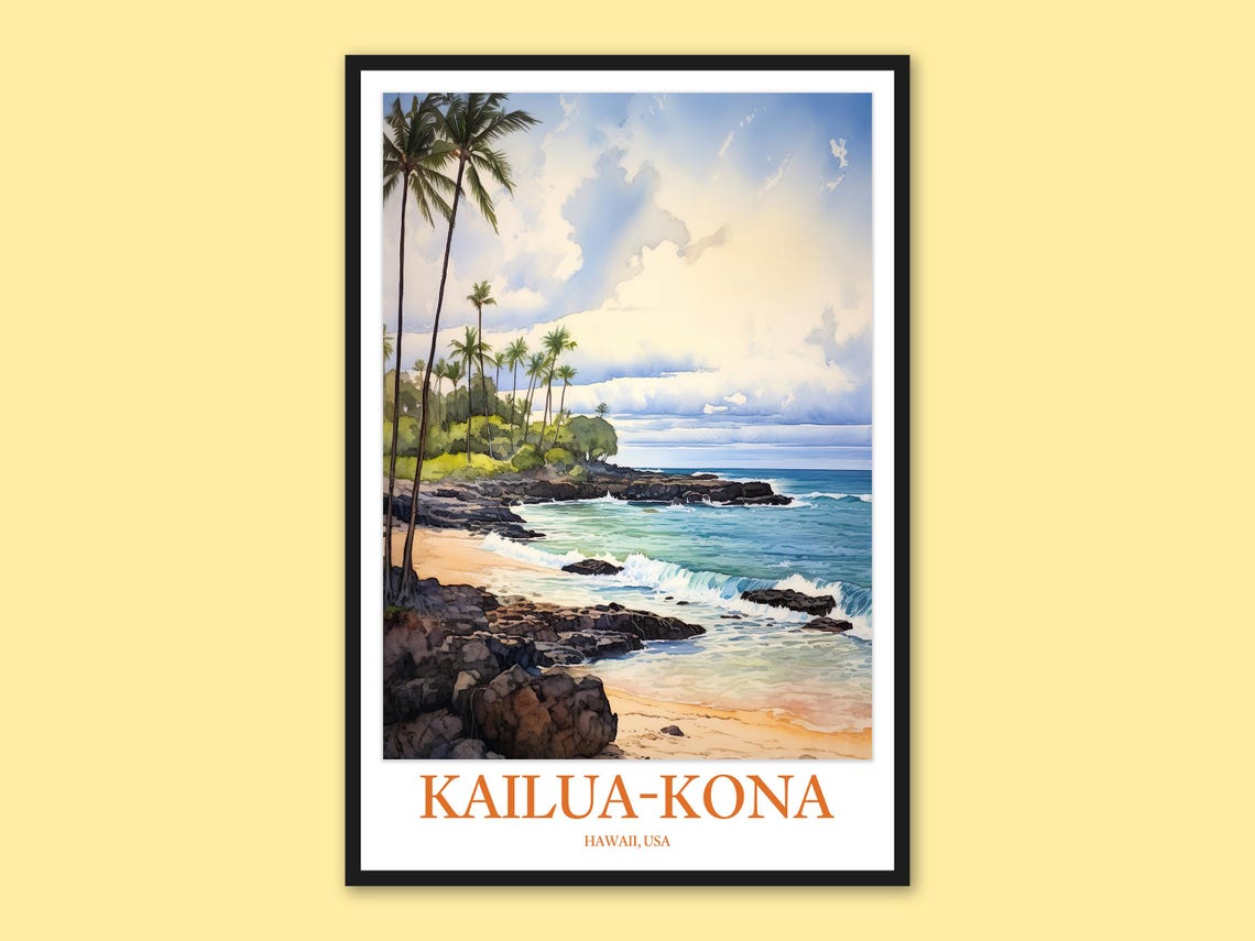 Kailua Kona Palm Lined Beach with Lava Rocks at Midday Poster