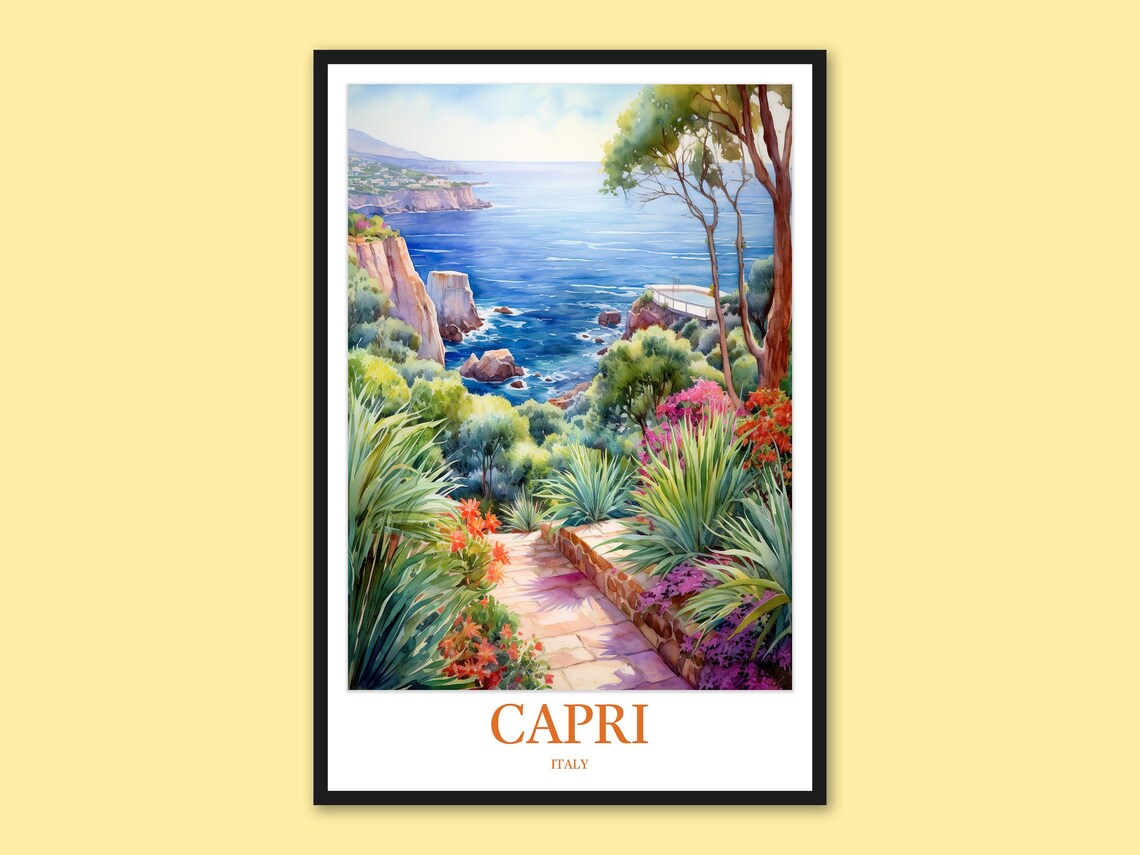 Capri Italy Mediterranean Garden Path Sea View Watercolor Poster