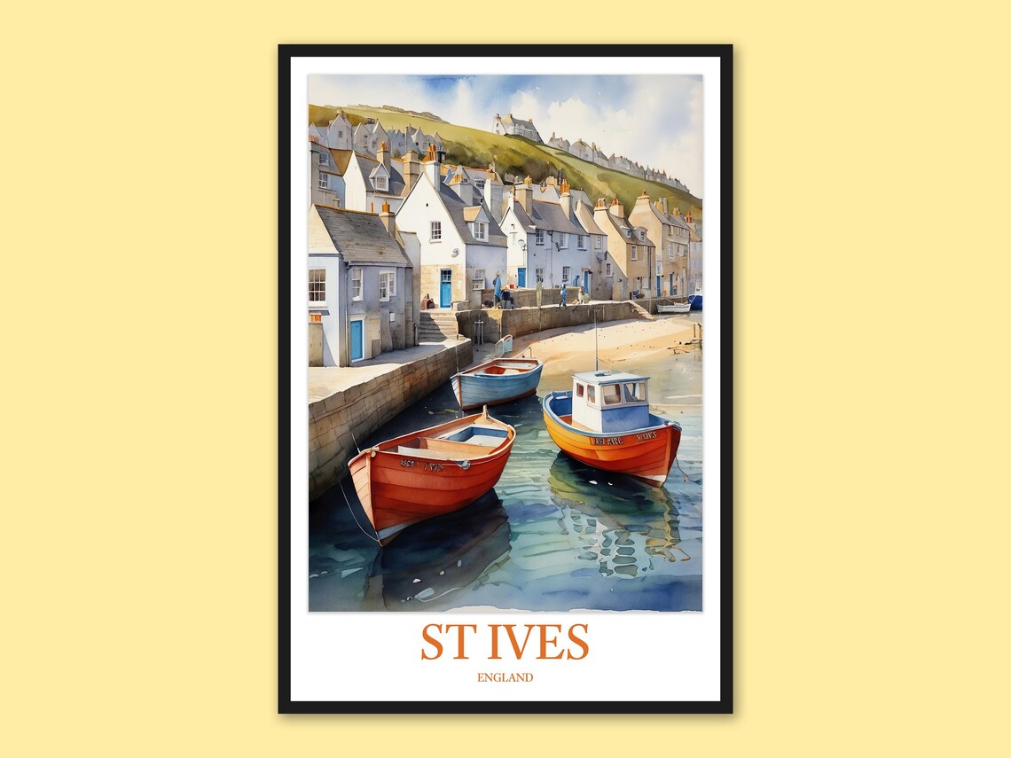 St Ives England Fishing Boats in the Harbor Quay Watercolor Poster