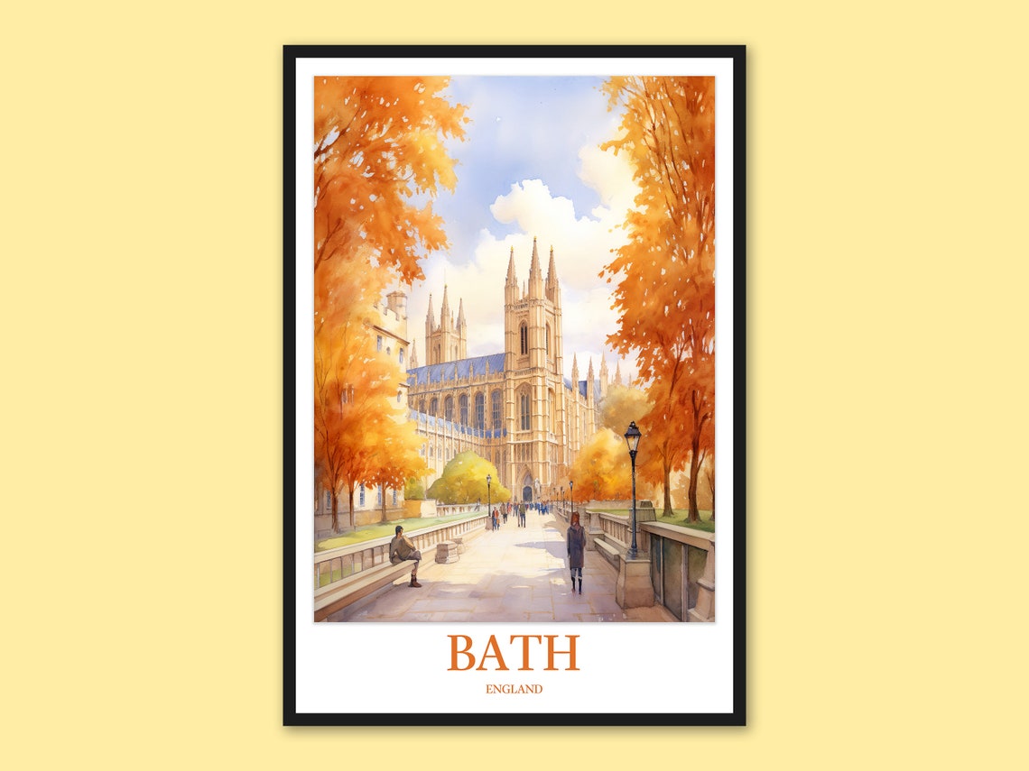 Bath England Abbey Autumn Park Walkway Watercolor Travel Poster