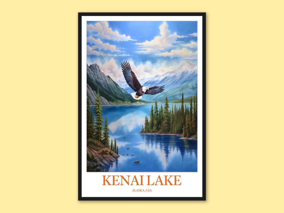 Kenai Lake Alaska Bald Eagle Soaring Over Mirror Lake Travel Poster