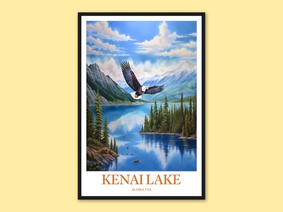 Kenai Lake Alaska Bald Eagle Soaring Over Mirror Lake Travel Poster