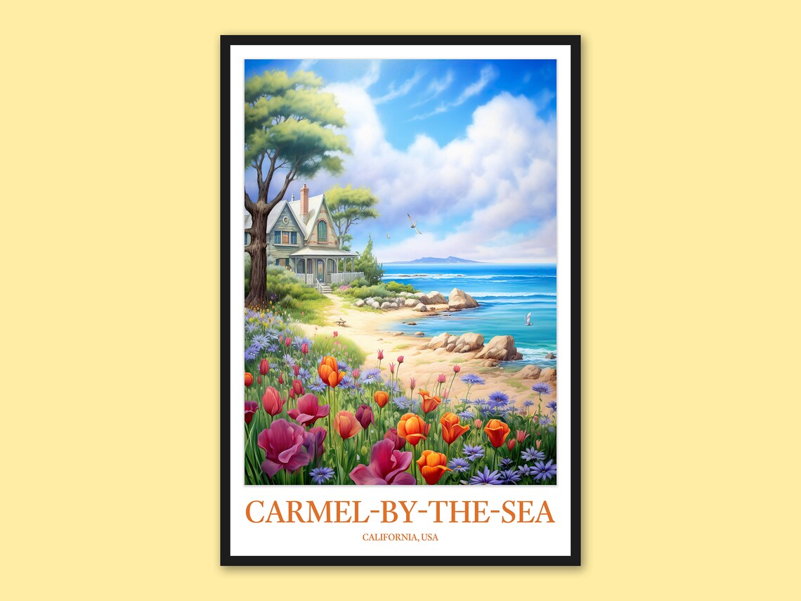 Carmel-by-the-Sea Ocean Cottage Wildflowers California Travel Poster