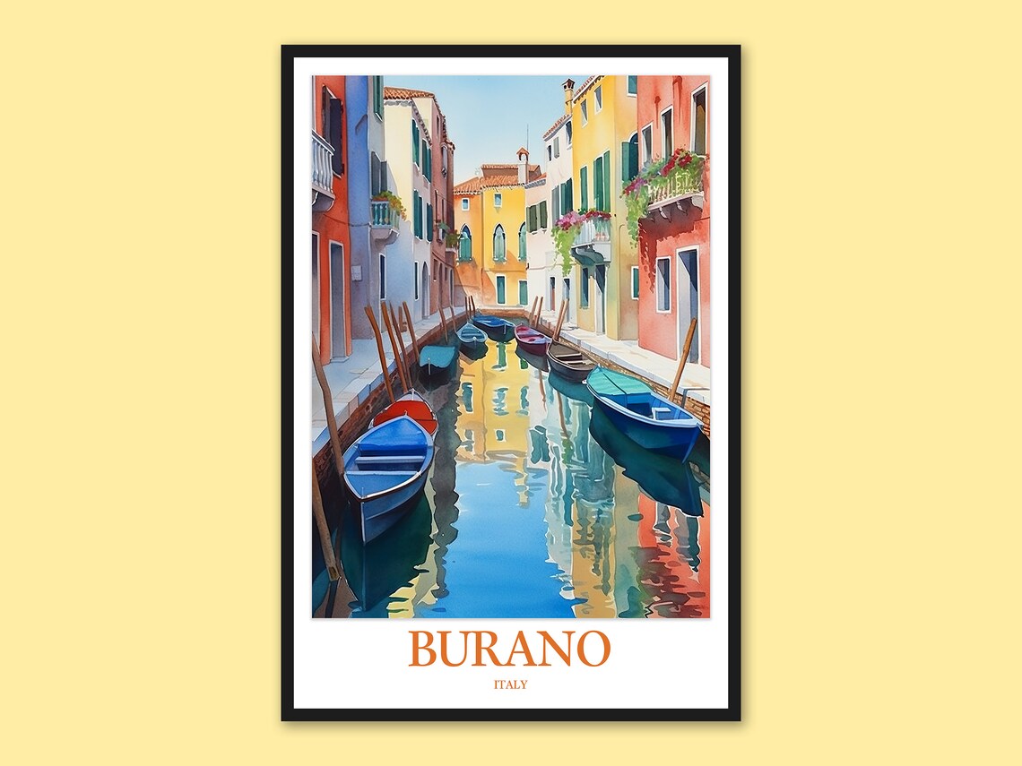 Burano Venice Colorful Canal With Boats Watercolor Travel Poster