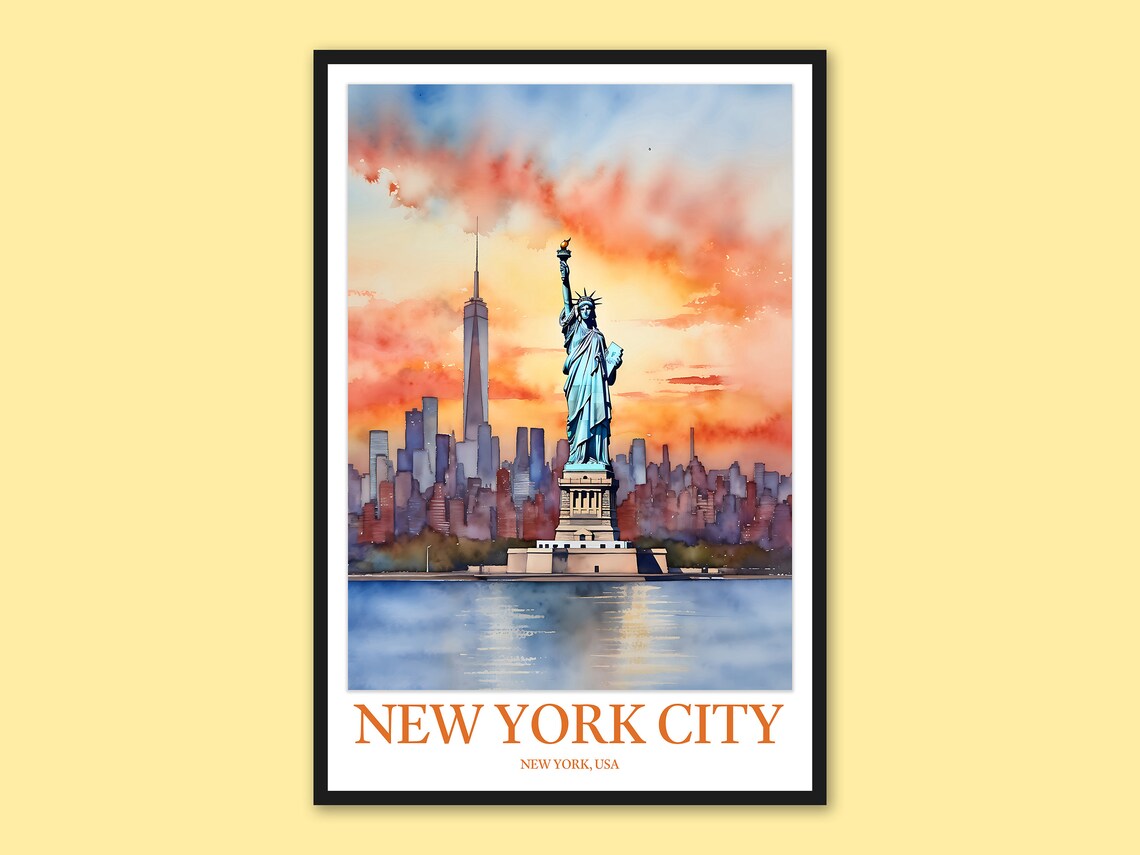 New York City Statue of Liberty Sunset Watercolor Travel Poster