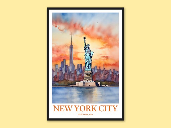 New York City Statue of Liberty Sunset Watercolor Travel Poster