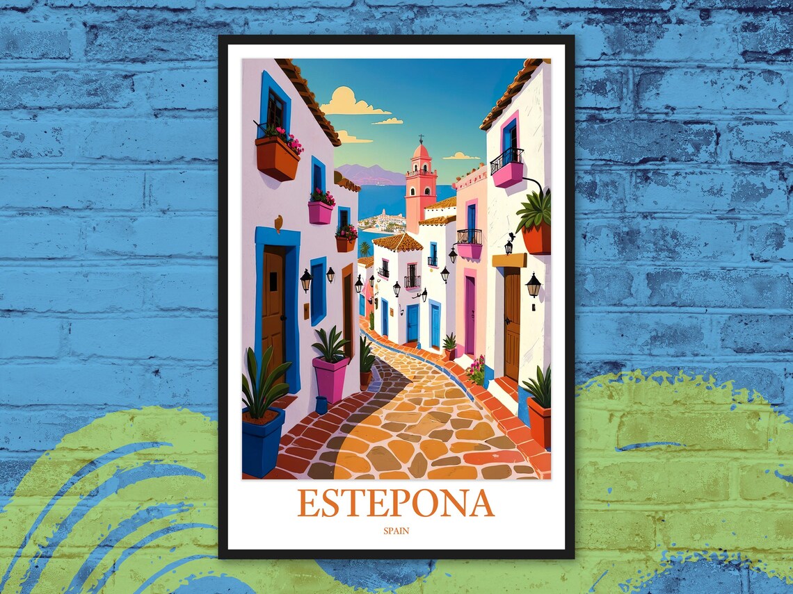 Estepona Spain Cobbled Flower Street Church Tower Andalusia Art Poster