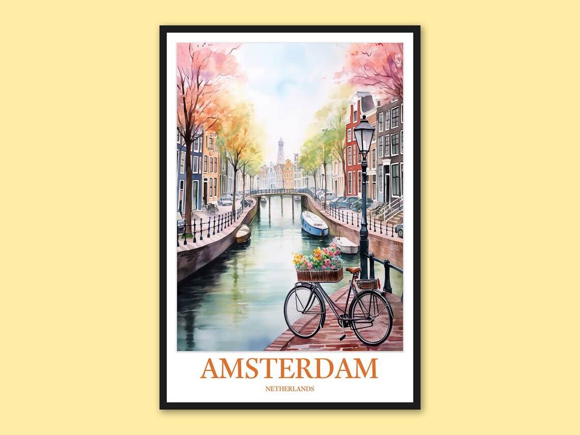 Amsterdam Netherlands Canal Bicycle Flower Basket Watercolor Poster
