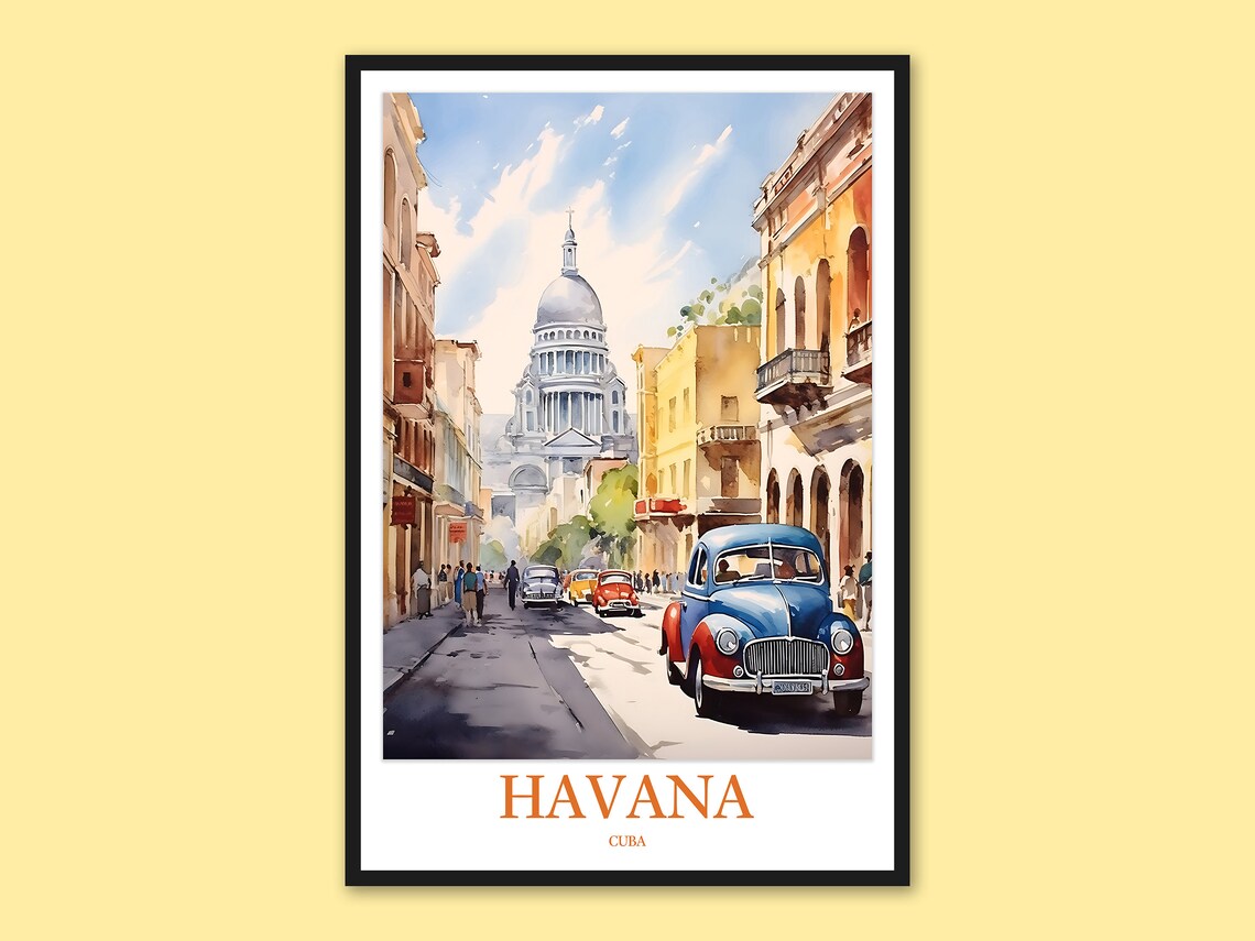 Havana Cuba Classic Car El Capitolio Street Watercolor Travel Poster