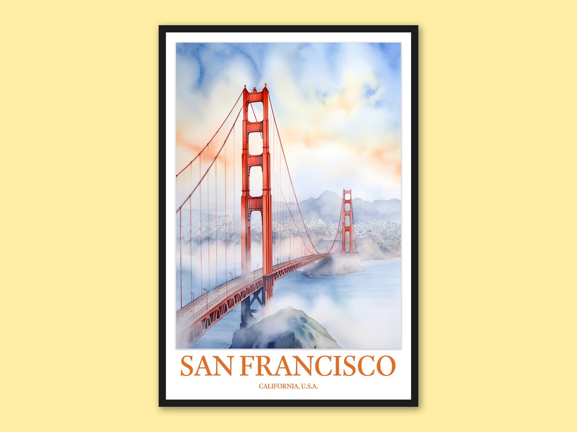 San Francisco Golden Gate Bridge Foggy Watercolor Travel Poster