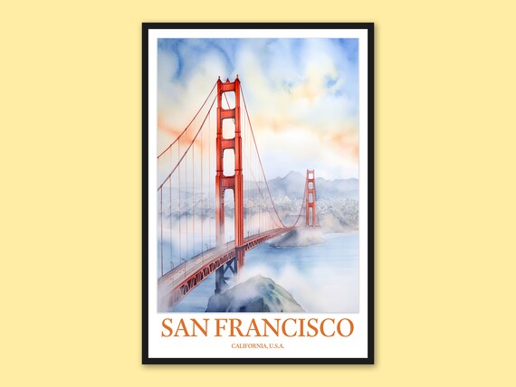 San Francisco Golden Gate Bridge Foggy Watercolor Travel Poster