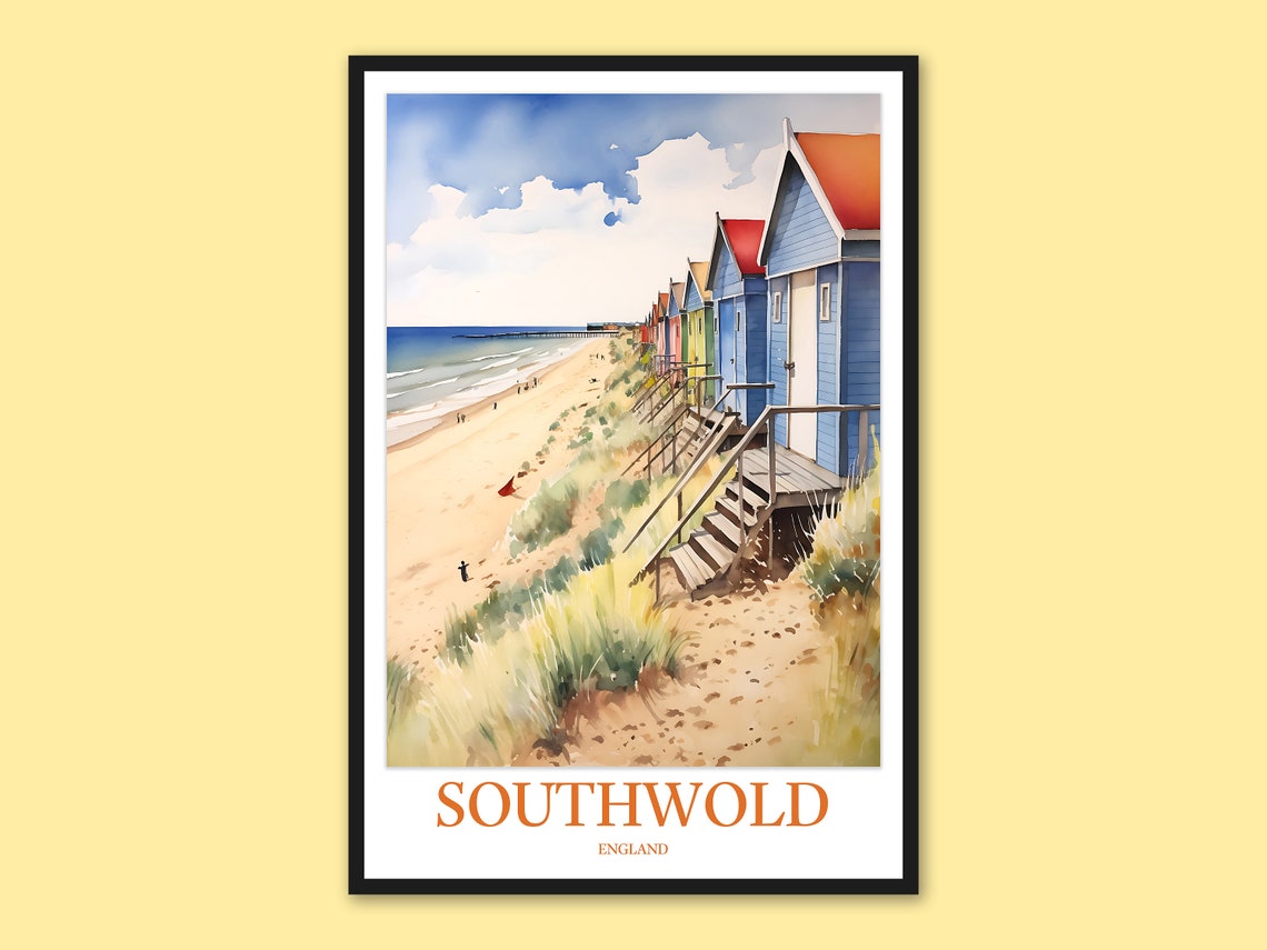Southwold England Watercolor Beach Huts Coastal Scene Travel Wall Art