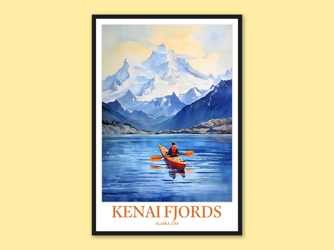 Kenai Fjords Alaska Solo Orange Kayak On The Lake Travel Poster