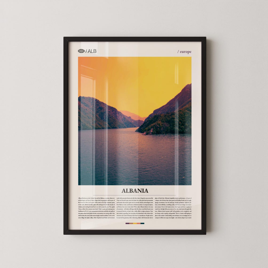 Albania Sunset Lake Fjord Mountains Modern Editorial Travel Poster