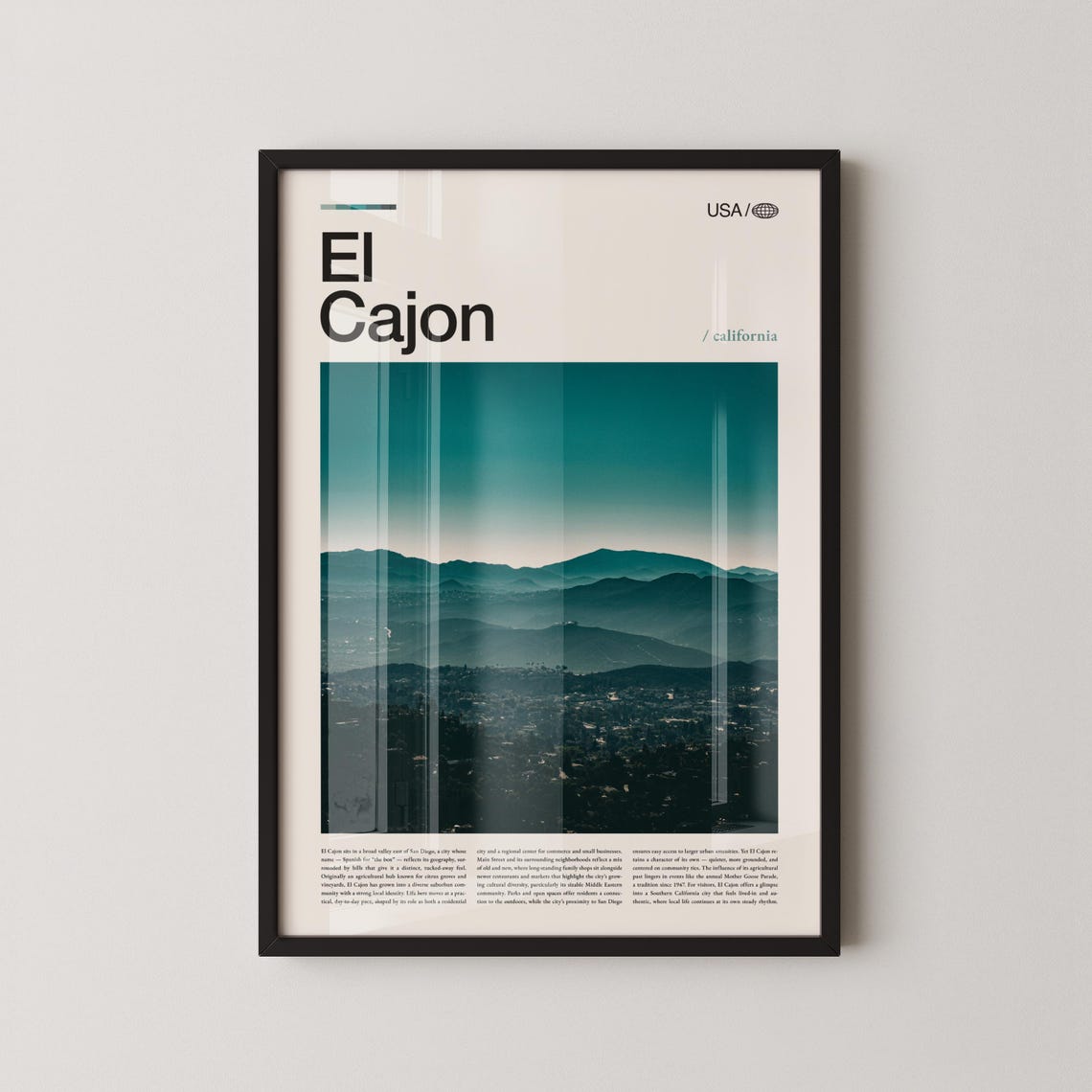 El Cajon California Teal Layered Mountains City View Travel Poster