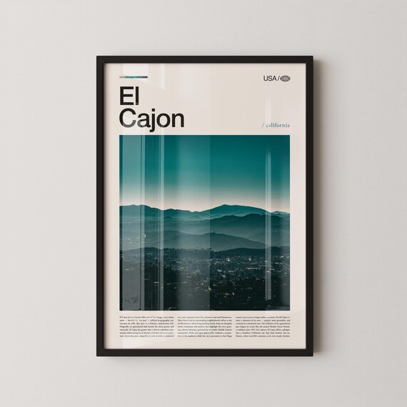 El Cajon California Teal Layered Mountains City View Travel Poster