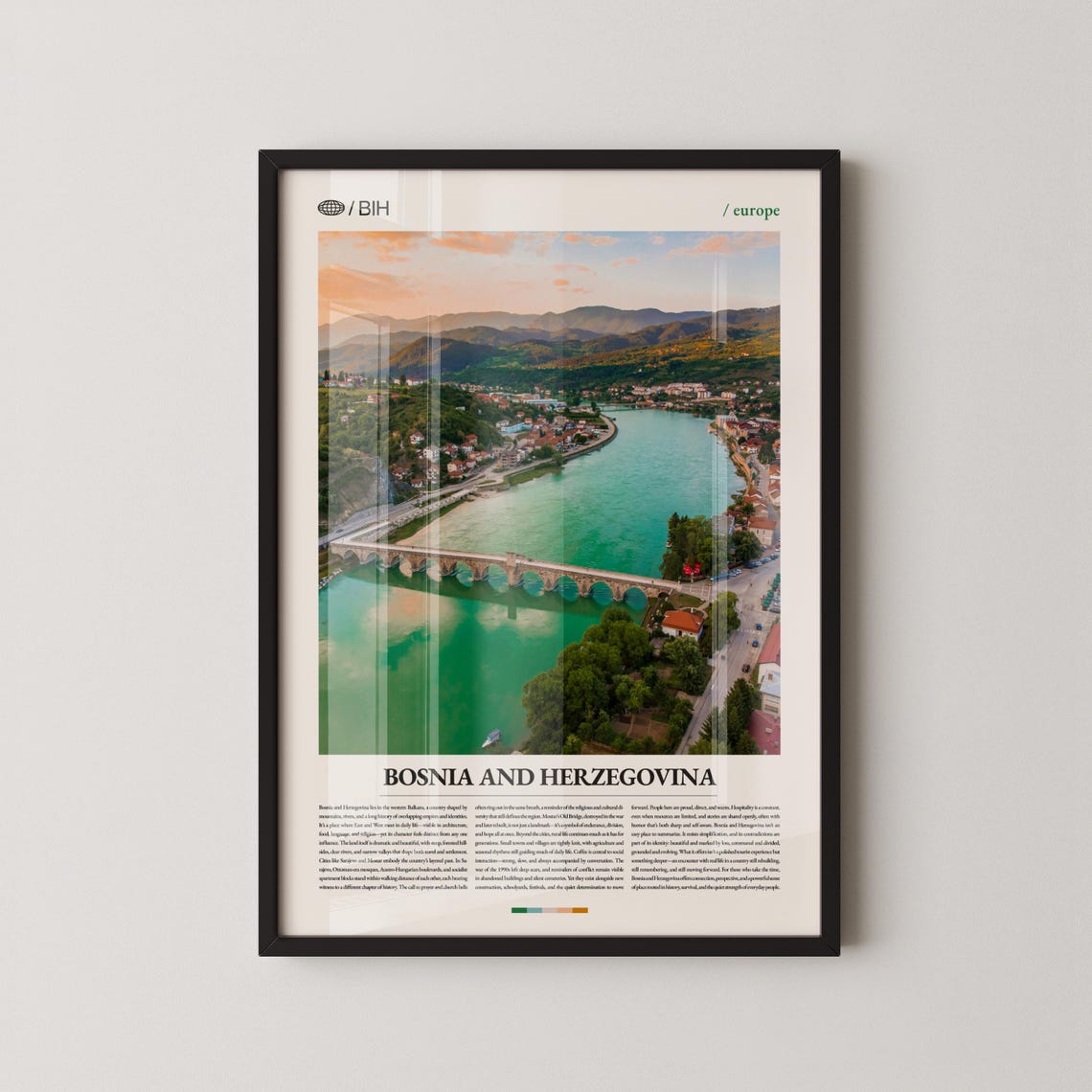 Bosnia And Herzegovina River Bridge Sunset Scenic Travel Poster