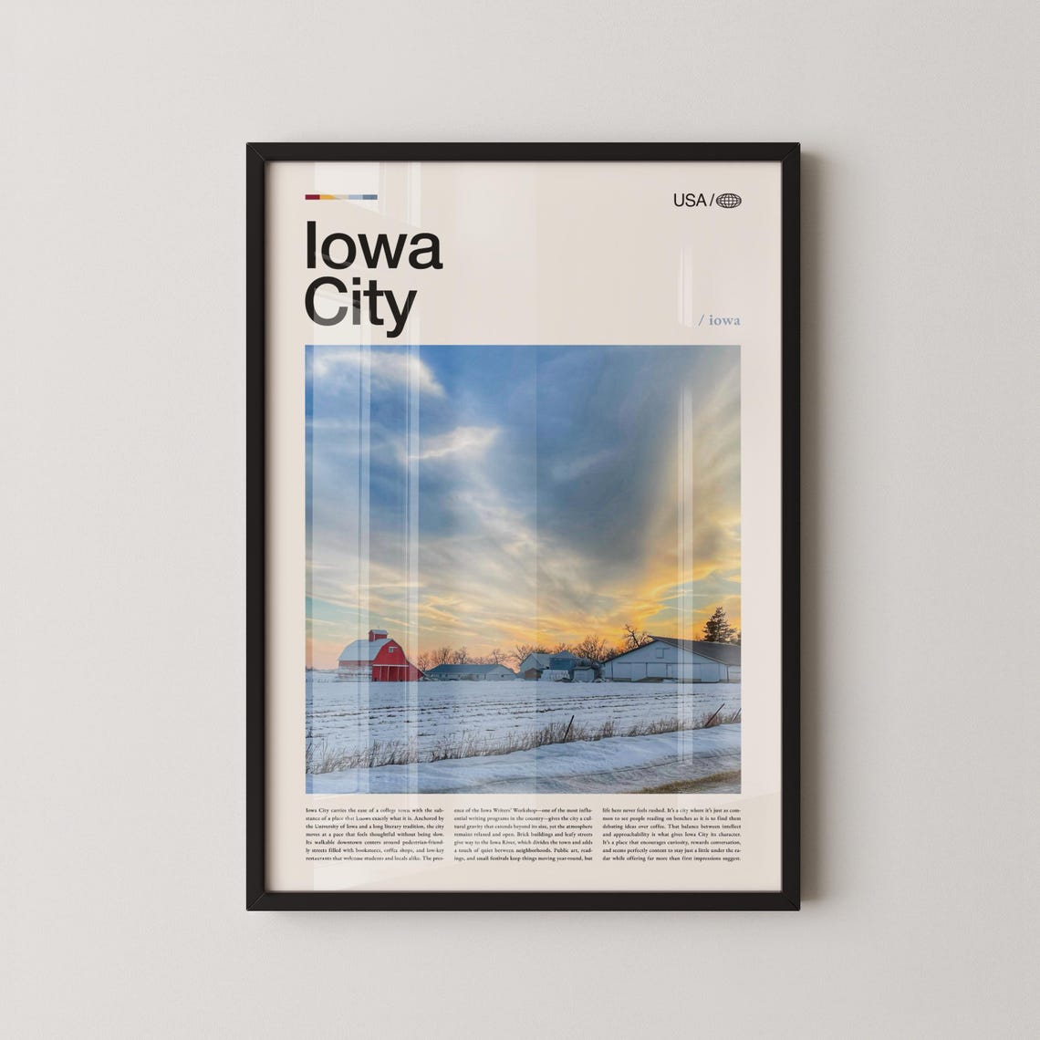 Iowa City Snowy Winter Red Barn Sunset Farm Photo Travel Poster