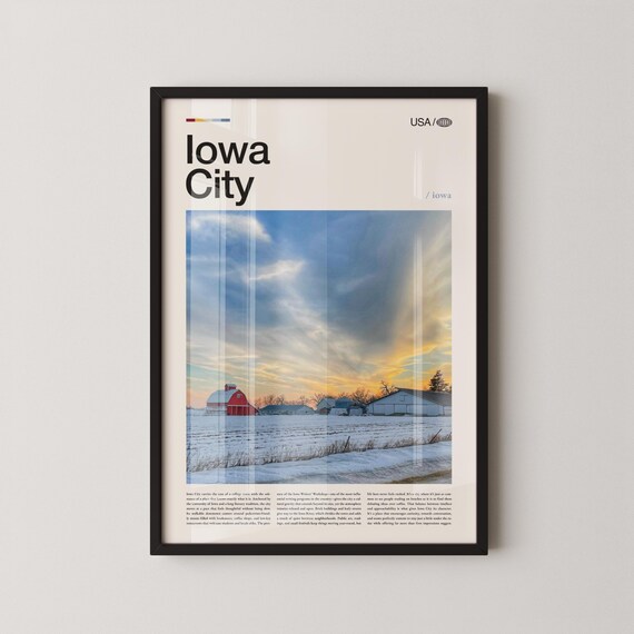 Iowa City Snowy Winter Red Barn Sunset Farm Photo Travel Poster