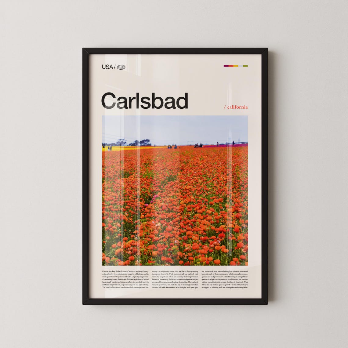 Carlsbad California Flower Fields Stacked Type Editorial Travel Poster