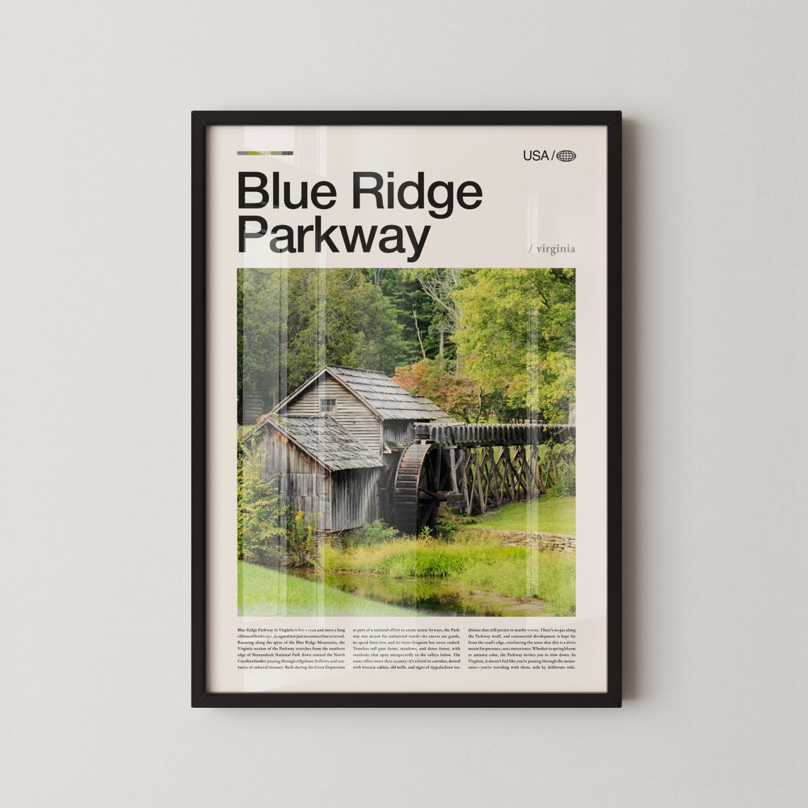 Blue Ridge Parkway Virginia USA Historic Watermill Travel Poster