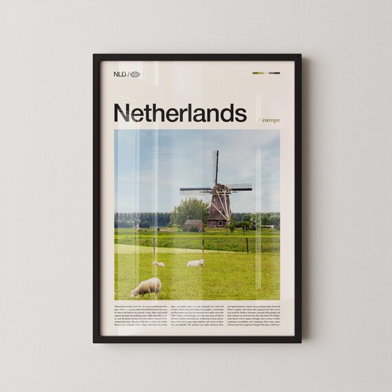 Netherlands Windmill and Sheep Pasture Europe Travel Art Poster