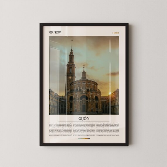 Gijon Historic Church Tower at Sunset Northern Spain Travel Poster