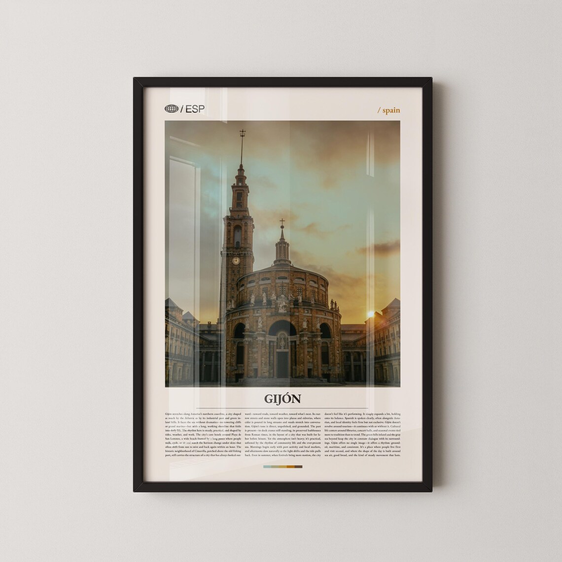 Gijon Historic Church Tower at Sunset Northern Spain Travel Poster