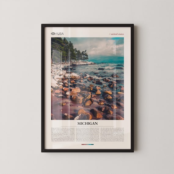 Michigan Great Lakes Rocky Shoreline Pines Photo Nature Travel Poster