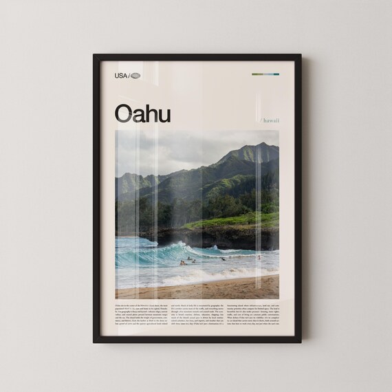 Oahu Hawaii Waves Crashing Beach Volcanic Cliffs Travel Poster