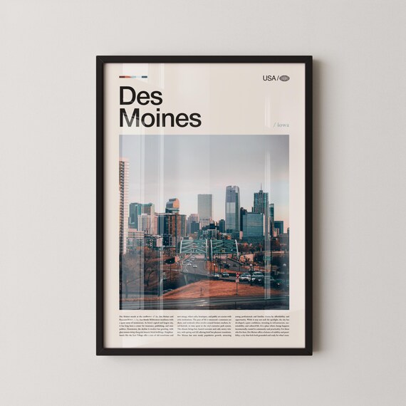 Des Moines Iowa Skyline at Dusk Downtown Bridge Cityscape Poster