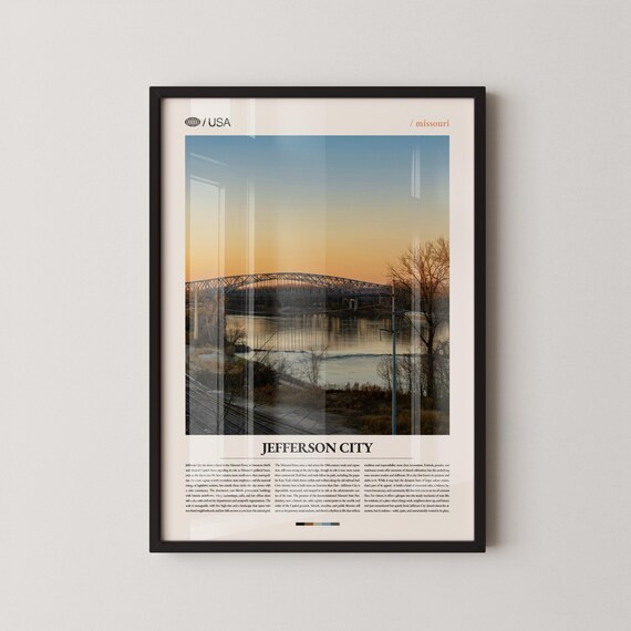 Jefferson City Missouri River Bridge Golden Sunset Capital Travel Poster