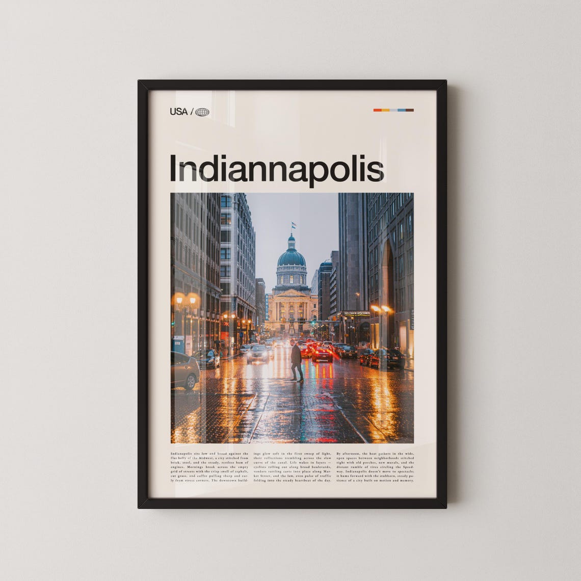 Indianapolis Indiana Capitol Street Night Rainy Travel Poster